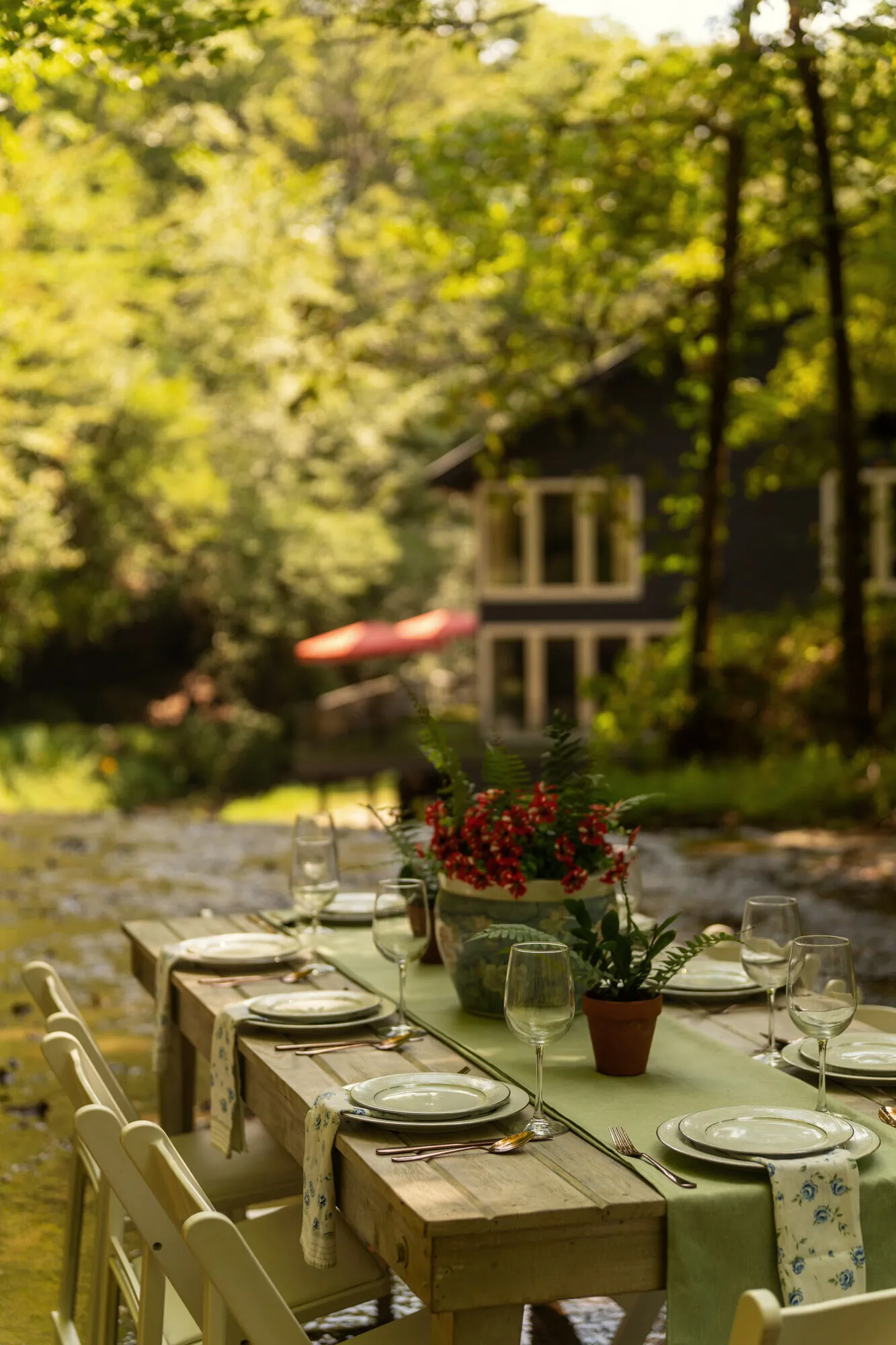 The full length of the laid table with the house beyond, ferns and red blooms down the centre