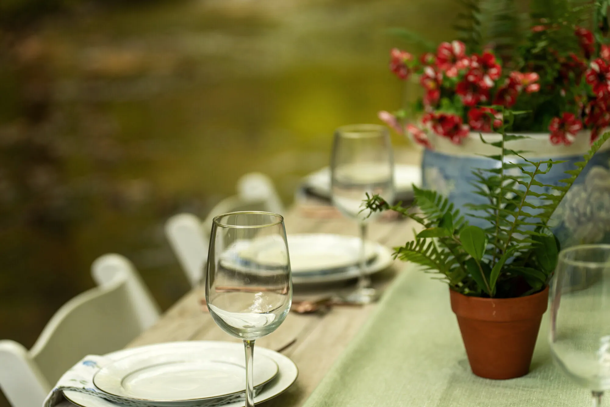 A wine glass and a potted fern on the table runner, the creek dissolving into green light behind